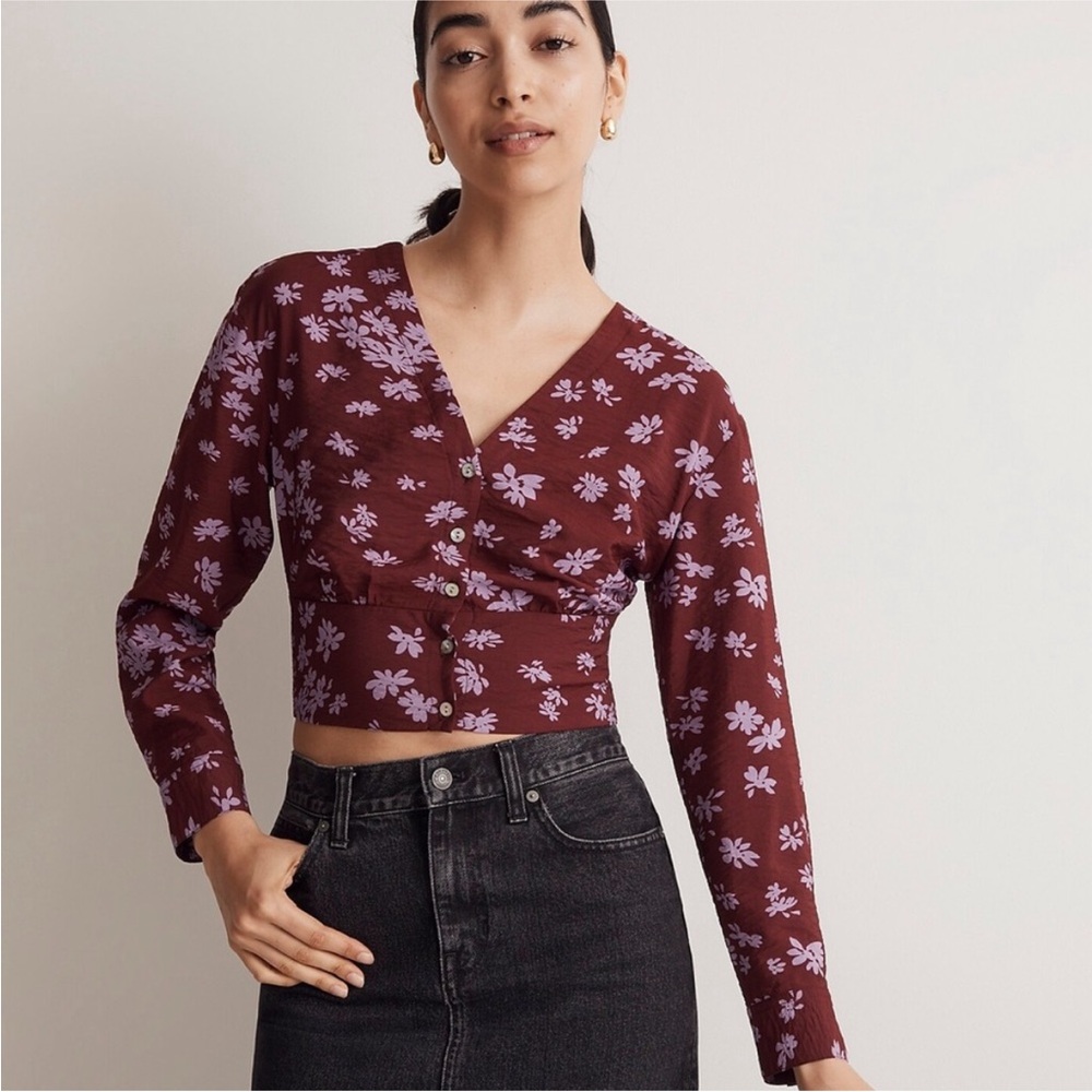 Madewell V Neck Button Down Burgundy Floral Top